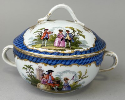 Lot 584 - A MEISSEN CHOCOLATE CUP AND COVER WITH PAINTED...