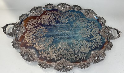 Lot 511 - A LARGE VICTORIAN SILVER PLATED TRAY PRESENTED TO MR JOHN YATES, 1854