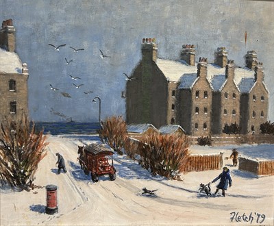 Lot 434 - AN OIL PAINTING ON BOARD DEPICTING A SNOWY TOWN SCENE