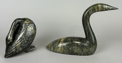 Lot 623 - TWO SERPENTINE INUIT CARVED BIRDS, 

30cm x 21cm