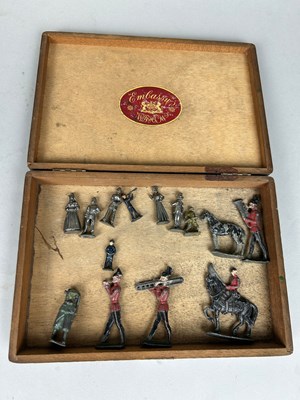 Lot 625 - A WOODEN BOX WITH COLD PAINTED TIN AND PEWTER...