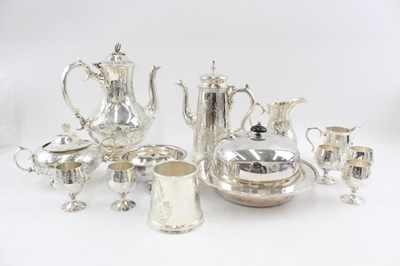 Lot 632 - SILVER PLATE: VICTORIAN STYLE TEA SET AND...