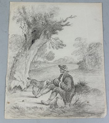 Lot 534 - CIRCLE OF THOMAS GAINSBOROUGH R.A. (1727-1788): A PENCIL DRAWING ON PAPER DEPICTING A SEATED FIGURE WITH A DOG