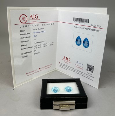 Lot 674 - A PAIR OF NATURAL BLUE TOPAZ STONES, 

Pear...