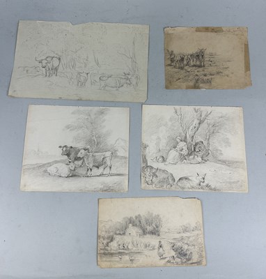 Lot 535 - A COLLECTION OF FIVE OLD MASTER STYLE SKETCHES DEPICTING CATTLE AND COUNTRYSIDE INCLUDING TWO ATTRIBUTED TO GEORGE FROST (BRITISH 1754-1821) AND ONE ATTRIBUTED TO JOHN GLOVER(5)