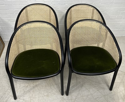 Lot 1039 - A SET OF FOUR CONRAN 'LATIS' CHAIRS IN BLACK ASH, WITH VELVET SEATS