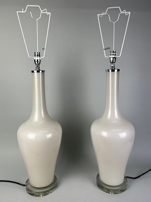 Lot 698A - A PAIR OF TALL WHITE TABLE LAMPS WITH BLACK...