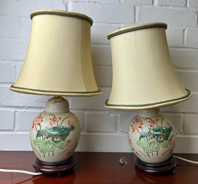 Lot 703 - A PAIR OF CHINESE 'LILYPAD' GINGER JAR LAMPS...