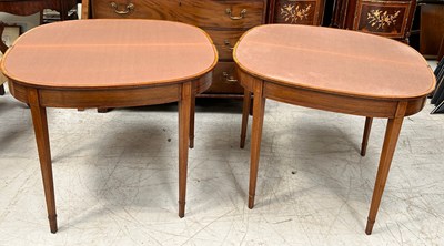 Lot 711 - A PAIR OF GEORGE III DEMI LUNE CARD TABLES...