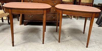 Lot 711 - A PAIR OF GEORGE III DEMI LUNE CARD TABLES...