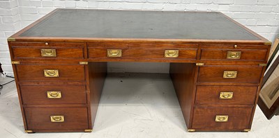 Lot 713 - A MAHOGANY CAMPAIGN TWIN PEDESTAL DESK WITH...