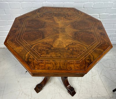 Lot 737 - A VICTORIAN BURR WALNUT LINE INLAID OCTAGONAL...