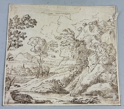 Lot 537 - CIRCLE OF GIOVANNI FRANCESCO GRIMALDI (ITALIAN 1606-1680): A BROWN INK LANDSCAPE DRAWING ON PAPER