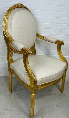 Lot 760 - A GEORGE III STYLE GILT WOOD SINGLE ARMCHAIR,...