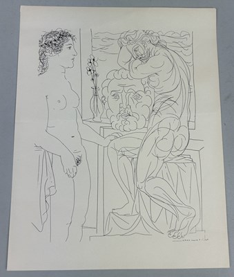 Lot 542 - AFTER PABLO PICASSO: 'UGLY WOMAN BEFORE A SCULPTURE OF AN ATHLETIC MARIE-THERESE LEANING ON A SELF PORTRAIT OF THE SCULPTOR