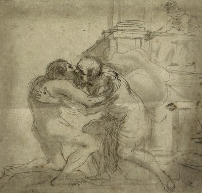 Lot 548 - AFTER GIOVANNI FRENCESCO BARBIERI (GUERCINO DA CENTO): A DRAWING OR PRINT ON PAPER DEPICTING TWO FIGURES EMBRACING