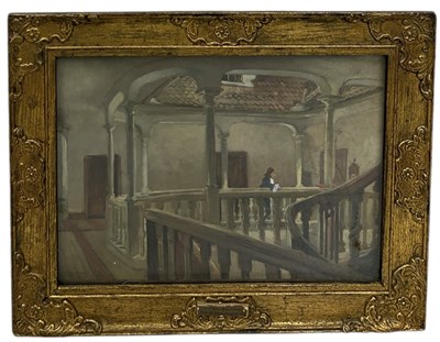 Lot 550 - CIRCLE OF SIR HUBERT VON HERKOMER R.A. (BRITISH 1849-1914): AN OIL PAINTING ON BOARD DEPICTING A GENTLEMAN INSIDE A PALATIAL BUILDING