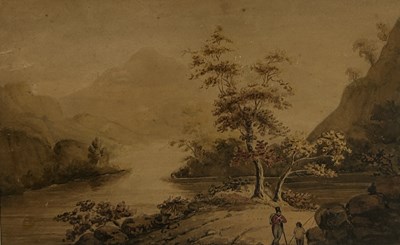 Lot 551 - IN THE MANNER OF THOMAS GIRTIN (LATE 18TH CENTURY): A WATERCOLOUR PAINTING ON PAPER DEPICTING A SOLDIER AND YOUNG FISHERMAN IN FRONT OF A MOUNTAIN