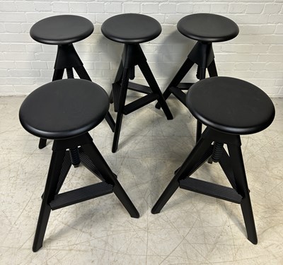 Lot 1032 - A SET OF FIVE TOM AND JERRY- THE WILD BUNCH BLACK SWIVEL BAR STOOLS