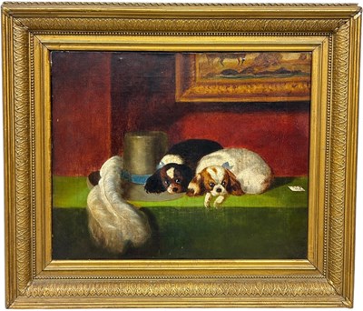 Lot 320 - AN OIL PAINTING ON CANVAS DEPICTING TWO DOGS...