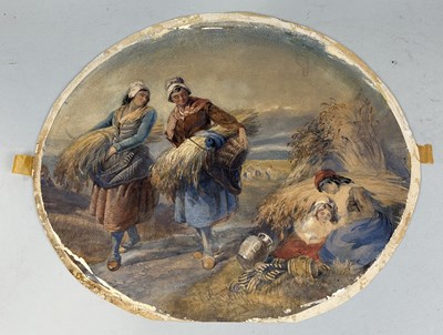 Lot 555 - A 19TH CENTURY OVAL WATERCOLOUR PAINTING ON PAPER DEPICTING LADIES CARRYING HAY BALES