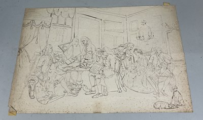 Lot 556 - AFTER WILLIAM HOGARTH: AN BROWN INK DRAWING ON PAPER DEPICTING THE INTERIOR OF A SALON WITH FIGURES AND DOGS