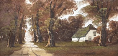 Lot 941 - AN OIL PAINTING ON CANVAS DEPICTING A HOUSE AND FOREST PATH