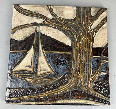 Lot 459 - A LARGE CERAMIC TILE DEPICTING A SHIP,

34.5cm...