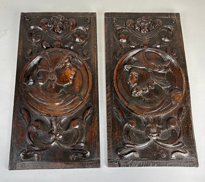 Lot 465 - A PAIR OF OAK CARVED PANELS, 

41cm x 20cm