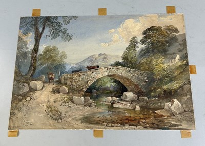 Lot 561 - ATTRIBUTED TO WILLIAM COLLINGWOOD SMITH (BRITISH 1815-1887): A WATERCOLOUR PAINTING ON PAPER DEPICTING CATTLE CROSSING A STONE BRIDGE OVER A STREAM