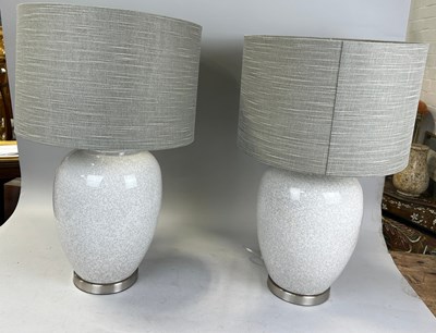 Lot 494 - A PAIR OF GREY CRACKLE GLAZED TABLE LAMPS WITH...