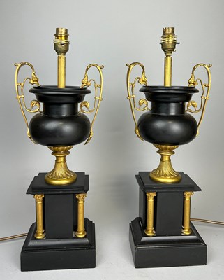 Lot 497 - A PAIR OF CLASSICAL DESIGN BLACK MARBLE URN...