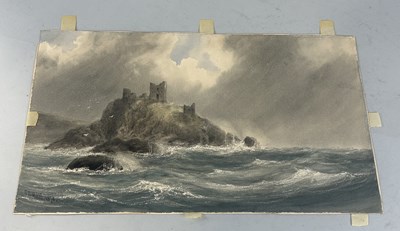 Lot 564 - GEORGE LOTHIAN HALL (BRITISH 1825-1888): A WATERCOLOUR PAINTING ON PAPER DEPICTING A CASTLE ON AN ISLAND WITH CHOPPY WATERS