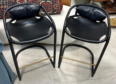 Lot 550B - A PAIR OF DARK BLUE LEATHER BAR STOOLS BY...