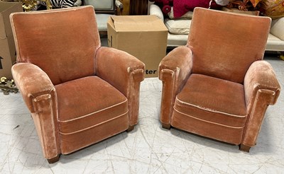 Lot 552 - A PAIR OF BURNT ORANGE VELVET UPHOLSTERED DECO...