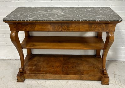 Lot 592 - AN ANTIQUE TWO TIERED CONSOLE TABLE WITH GREY...