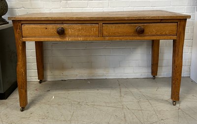 Lot 593 - A LARGE PINE TABLE WITH TWO DRAWERS, 

140cm x...