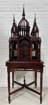 Lot 598 - A 20TH CENTURY MAHOGANY BIRD CAGE POSSIBLY...