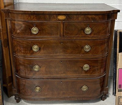 Lot 1033 - A 19TH ENTURY MAHOGANY CHEST OF DRAWERS WITH MARQUETRY INLAY