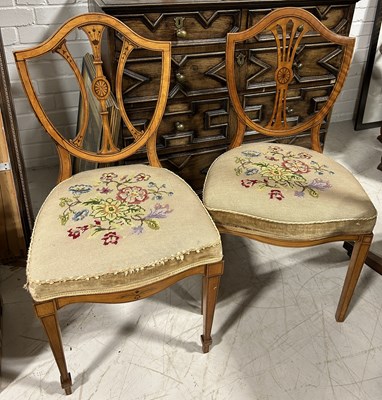 Lot 1085 - A PAIR OF SHERATON REVIVAL SIDE CHAIRS, SATINWOOD INLAID WITH NEEDLEPOINT UPHOLSTERED SEATS (2)