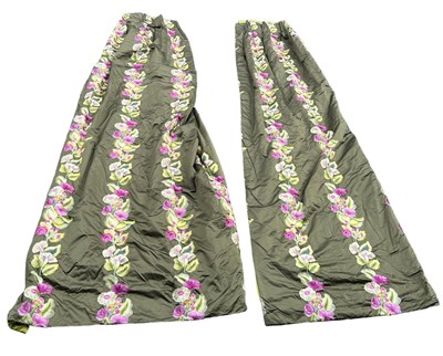 Lot 831 - A PAIR OF GREEN FLORAL EMBROIDERED CURTAINS,...