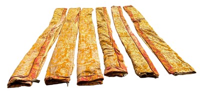 Lot 843 - THREE PAIRS OF YELLOW ORANGE AND RED DAMASK...