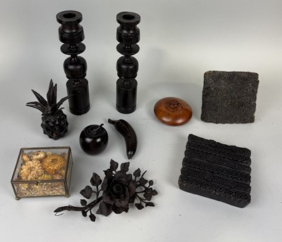 Lot 361 - TURNED WOODEN CANDLESTICKS, FRUIT, PRINTING BLOCKS, A CASKET WITH DRIED FLOWERS, TREEN BOX AND CAST IRON FLOWER SIGNED 'VAN DYCK'