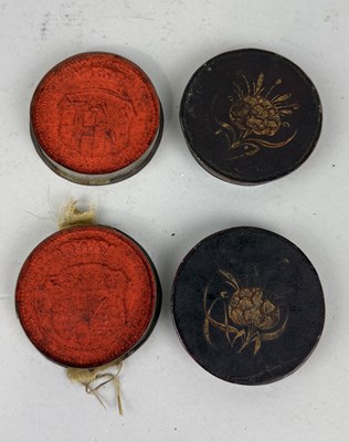 Lot 367 - A PAIR OF ANTIQUE RED WAX SEALS IN BLACK LACQUERED CASES