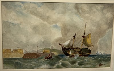 Lot 569 - THREE 19TH CENTURY WATERCOLOURS DEPICTING SHIPS ON CHOPPY WATERS