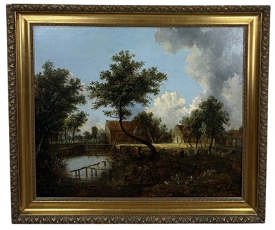 Lot 568 - DUTCH OLD MASTER STYLE: AN OIL PAINTING ON CANVAS DEPICTING FIGURES BY A WINDMILL