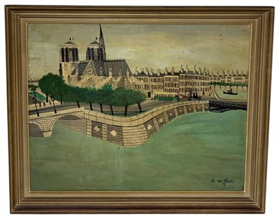 Lot 570 - ARMAND MARIE GUERIN (FRENCH 1913-1983): A LARGE OIL PAINTING ON BOARD DEPICTING A PARISIAN SCENE