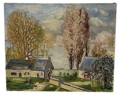 Lot 650 - A FRENCH OIL PAINTING ON CANVAS DEPICTING A LANDSCAPE SCENE WITH HOUSES