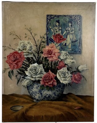 Lot 651 - FRANK POLLER: AN OIL PAINTING ON CANVAS DEPICTING A BLUE AND WHITE BOWL WITH FLOWERS AND A PERSIAN TILE