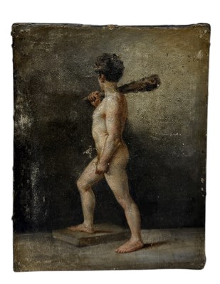 Lot 55 - AN OIL PAINTING ON CANVAS DEPICTING THE YOUNG HERCULES HOLDING A CLUB